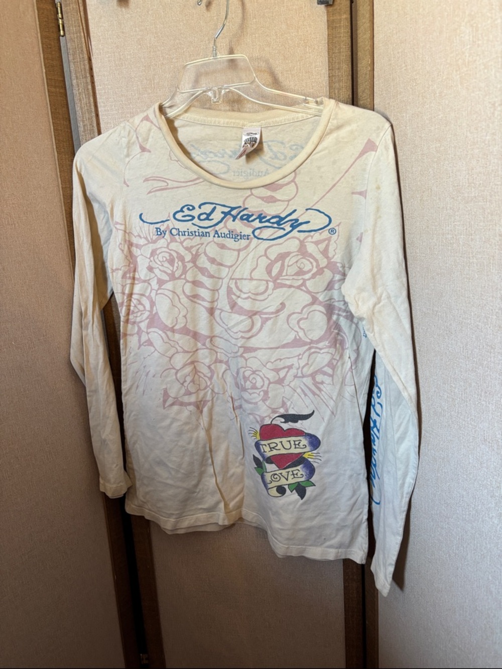 Christian Audigier Cream Long-Sleeve 'True Love' Graphic Tee Large